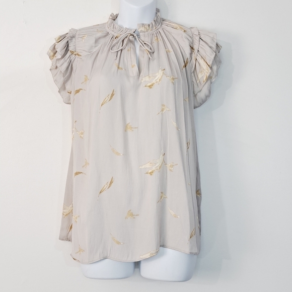 Downeast Sliky Light Gray Abstract Print Ruffle Cap Sleeve Blouse‎ Size Small - Picture 1 of 7
